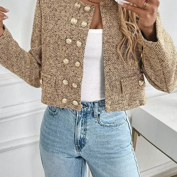 Brown Elegant Women's Metal Double-Breasted Long Sleeve Short Woollen Coat - Picture 5 of 5